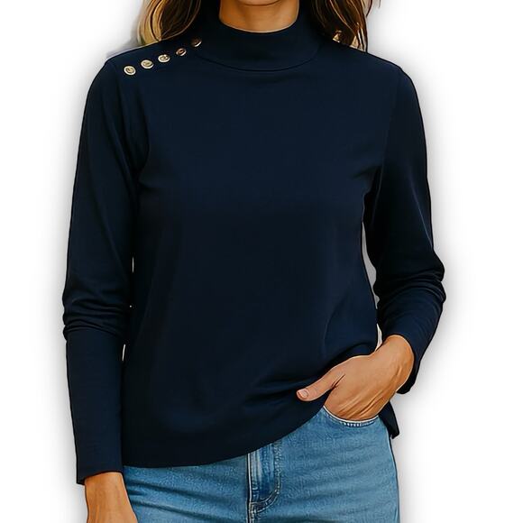 Isaac Mizrahi Navy Mock Neck Top Gold Buttons Classic Fit M - Picture 1 of 10
